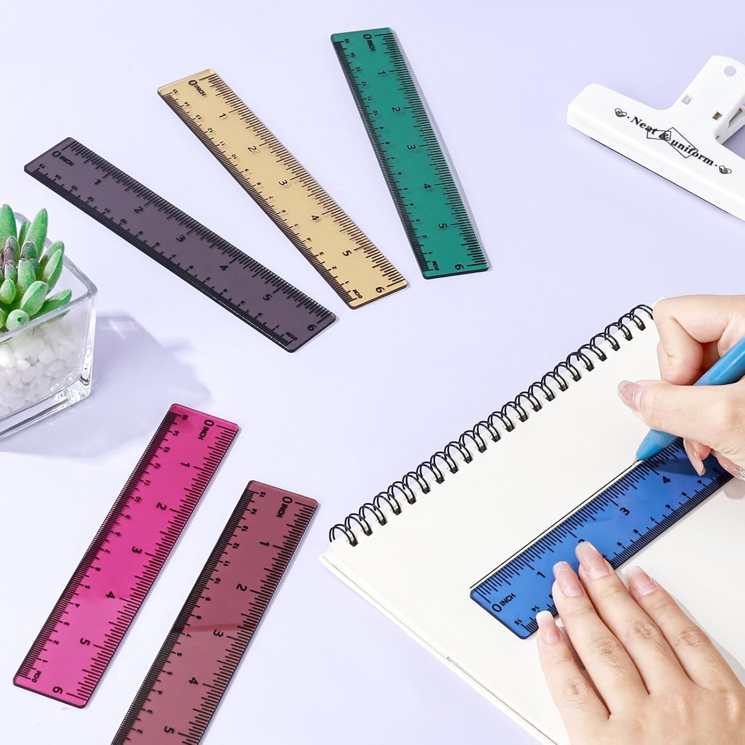 BAYTORY 6Pcs Transparent Straight Small Rulers 6 Inch, Clear Acrylic Mini Ruler, Measure Stationery Inches and Centimeters, Assorted Colors Rulers for Crafting Office & School (Clear Vintage 6 Inch)