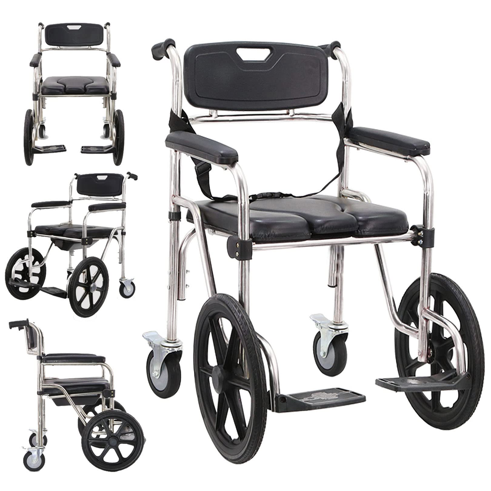 Folding Commode Wheelchair,with Arms Portable Rolling Shower Chair, Leather Seat, Stainless Steel Frame, Supports Ideal for Elderly Disabled