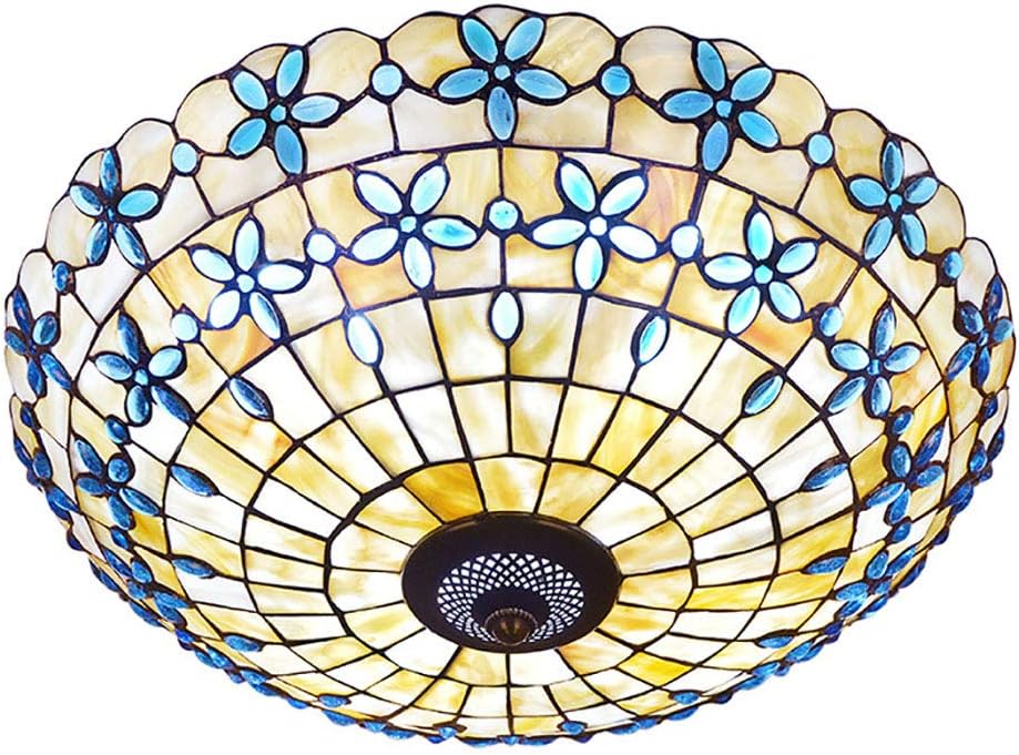 Blue Mediterranean Ceiling Lights Tiffany Style Semi Flush Mount Ceiling Light Fixture with 16-Inch Hand-Made Glass Shade for Bedroom Living Room Hotel,A