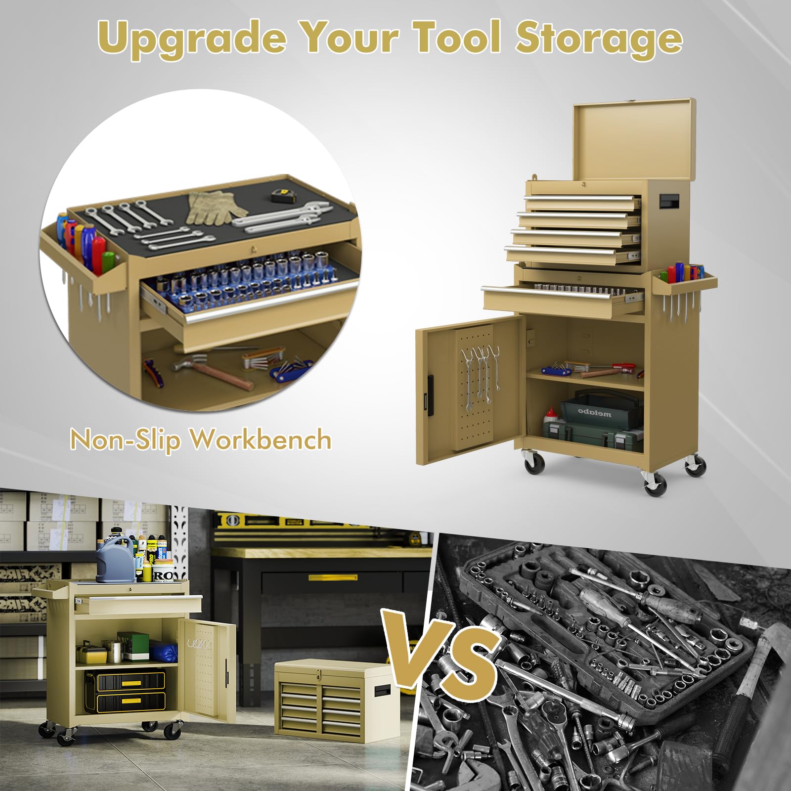 SOARS Carrello Porta Attrezzi con Ruote, 5 Scomparti, 2 Ripiani, Porta Attrezzi da Lavoro Rimovibile & Carrello Inferiore, Bloccabile, 59 X 28 X 102 CM, per Garage, Officina, Casa (Giallo)