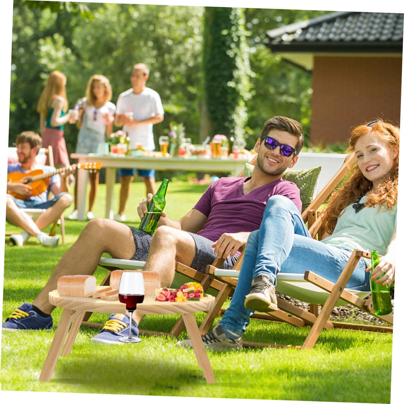Luxshiny Portable Foldable Wooden Wine Table Outdoor Picnic Snack Table Lightweight Collapsible Khaki for Camping Beach Party and Indoor Use