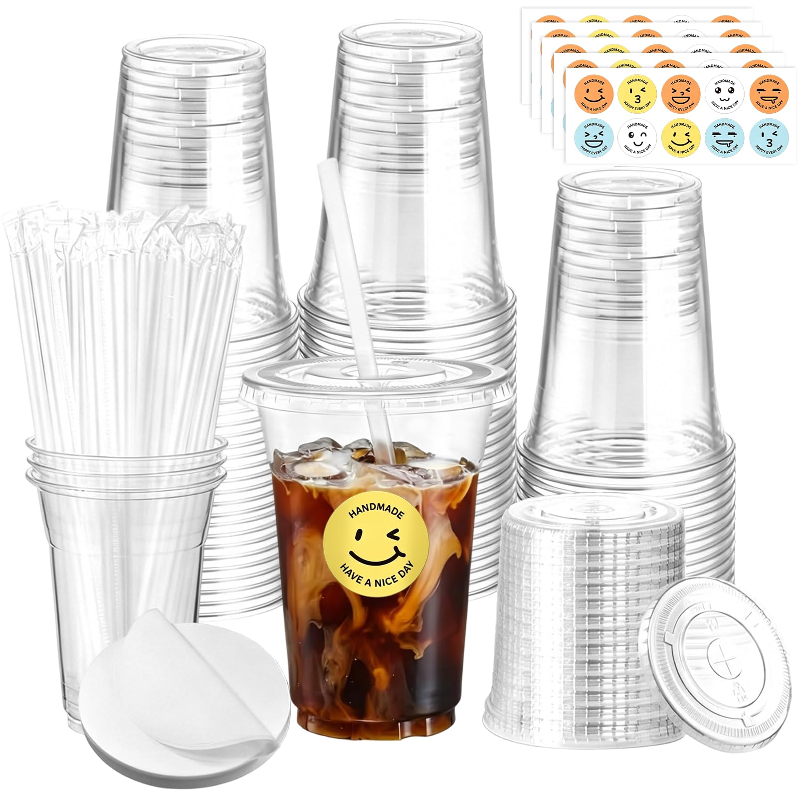 50Pcs Clear Plastic Cups with Lids and Straws, 16oz Reusable Drink Cup