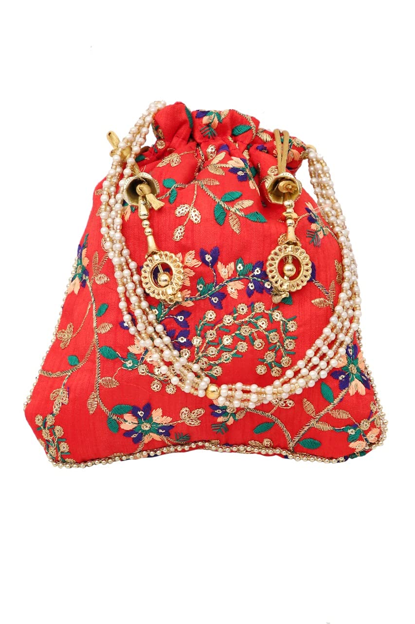 4EVER Embroidery Work Pouch Potli/Wedding potli for Ladies Diwali Gift for Women Handbags Traditional Indian Wristlet with Drawstring Ethnic Embroidery Women Fashion Potli (Red) (B09H7G25S7) Amazon Price History, Amazon Price Tracker