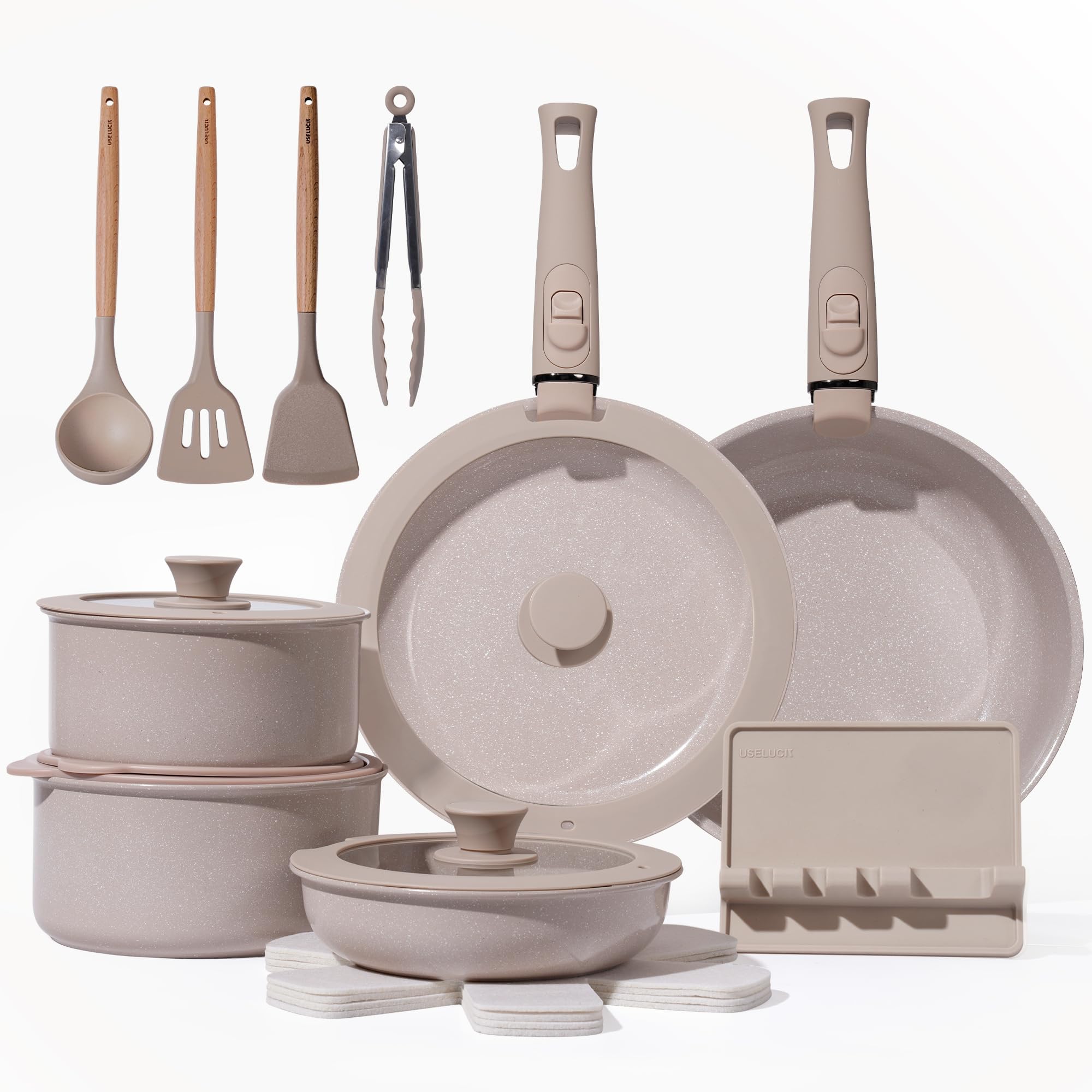 USELUCK 21-Piece Cream White Non-Stick Ceramic Cookware Set with
