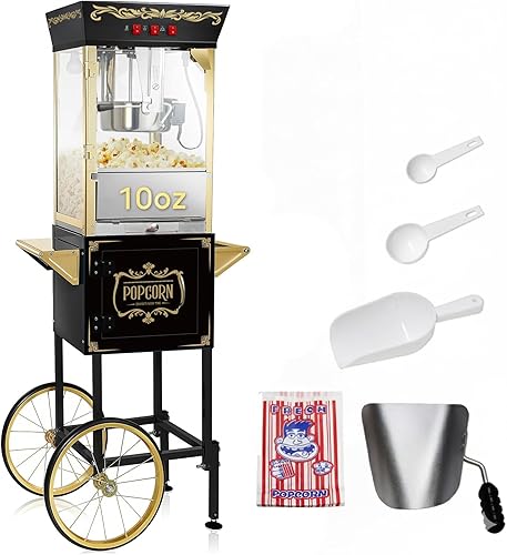Máquina de palomitas de maíz con carrito, máquina de palomitas de maíz estilo teatro de 10 onzas que hace hasta 50 tazas, máquina de palomitas de