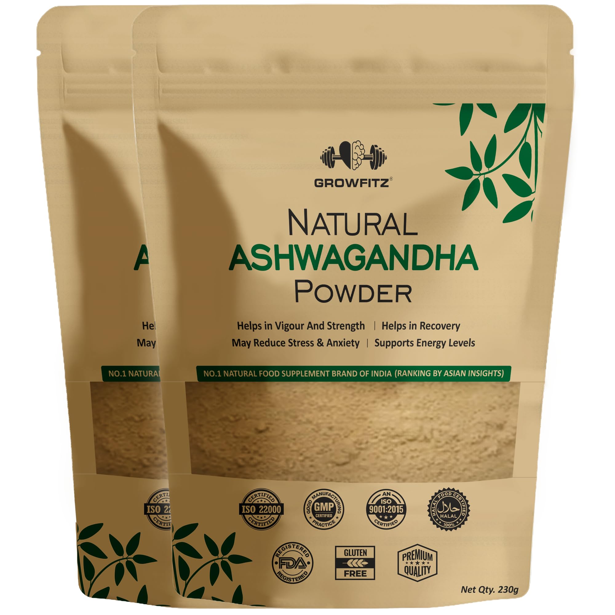 Growfitz 100% Organic Ashwagandha Powder 230g X 2 | Withania Somnifera | Energy Boost, Anxiety & Stress Relief, Height Improvement, Immunity System | ISO Certified | Pack of 2