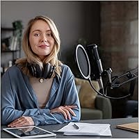 Vista 8 de Audio-Technica Micrófono de estudio de condensador AT2020 con cable XLR Knox Studio Stand y filtro Pop