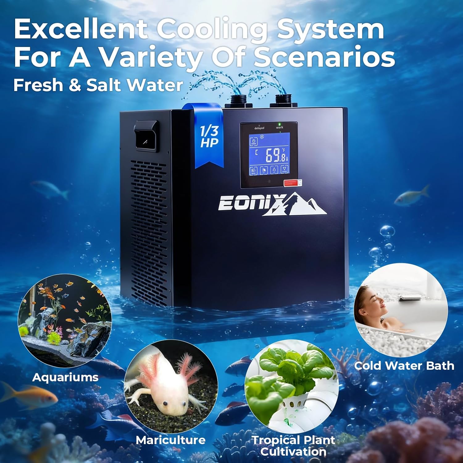 79 Gallon Aquarium Chiller,1/3 HP Water Chiller for Hydroponics,Chiller for Saltwater & Freshwater Fish Tank, Hydroponics Cooling System with Pump, Quiet Efficient Water Chiller for Axolotl,Coral Reef