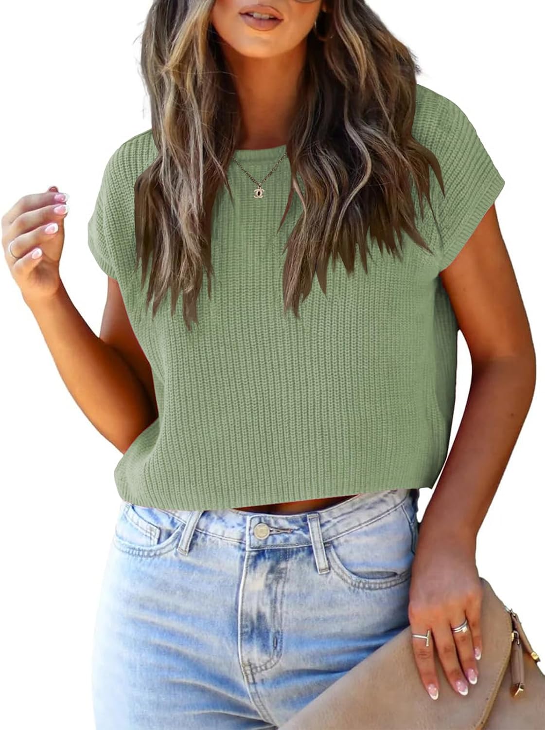 LCXWFE Womens Summer Cropped Sweater Vest Trendy Cap Sleeve Crop Tops Crew Neck Loose Knit Tank Top