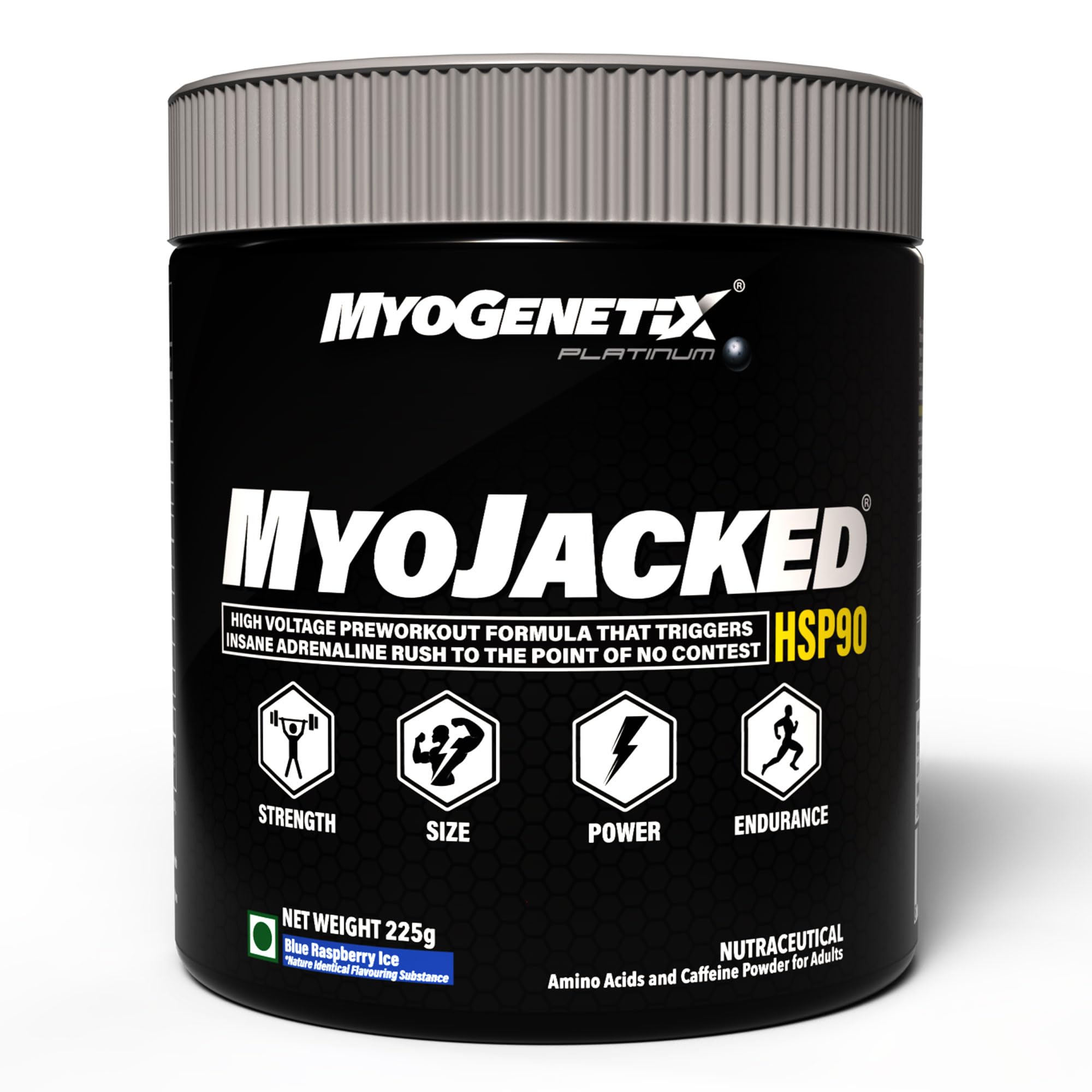 Myogenetix MyoJacked Platinum HSP90, 7.9 oz (45 Servings), Blue Raspberry Ice – High-Powered Pre-Workout for Intense Energy, Focus, Pump, and Performance. Advanced Formula with Zero Sugar