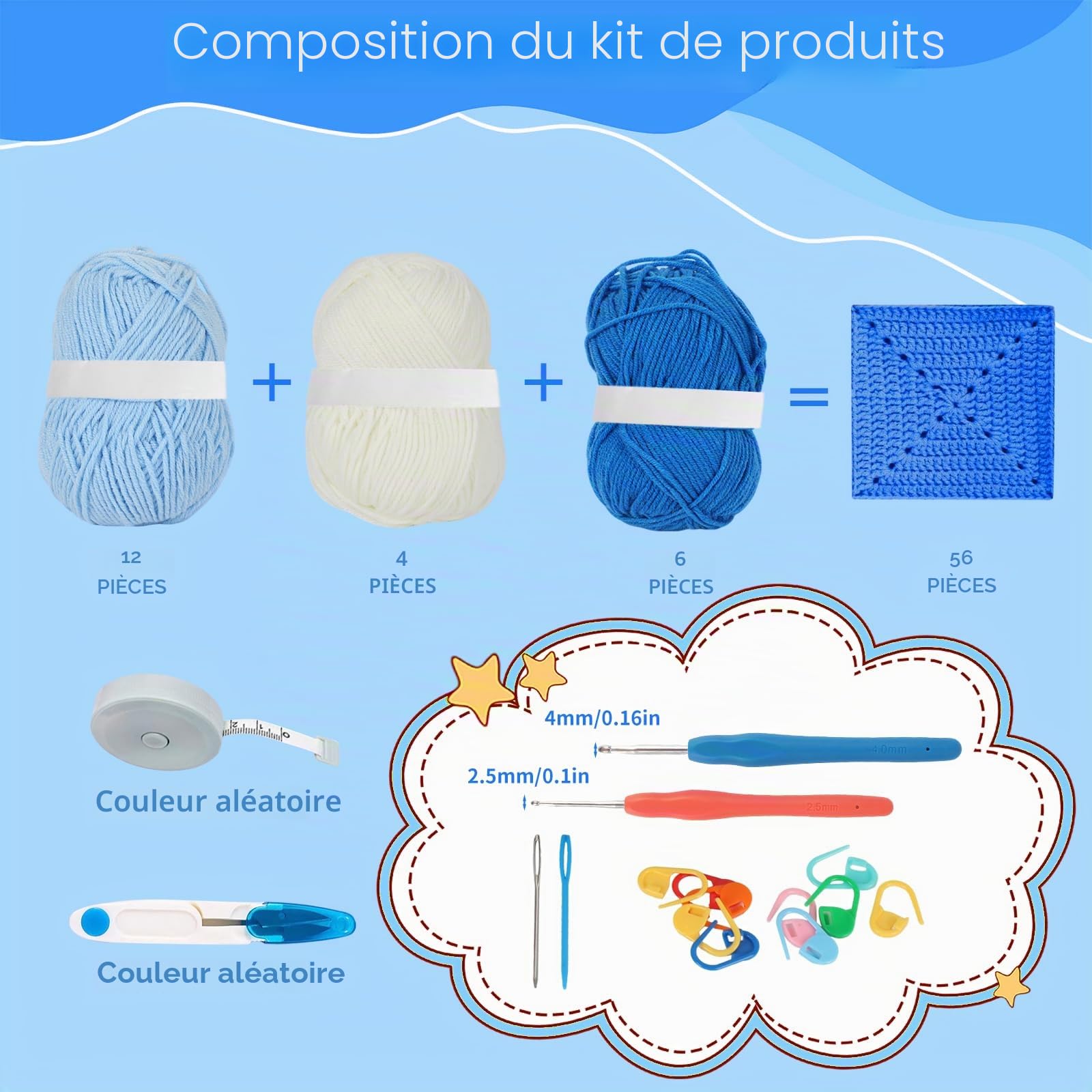 GHIBFBT Kit de crochet, kit de couverture en crochet avec étape par étape pour débutants, 19 rouleaux de fil DK pour couverture carrée Granny Kit de bricolage pour débutant (bleu)