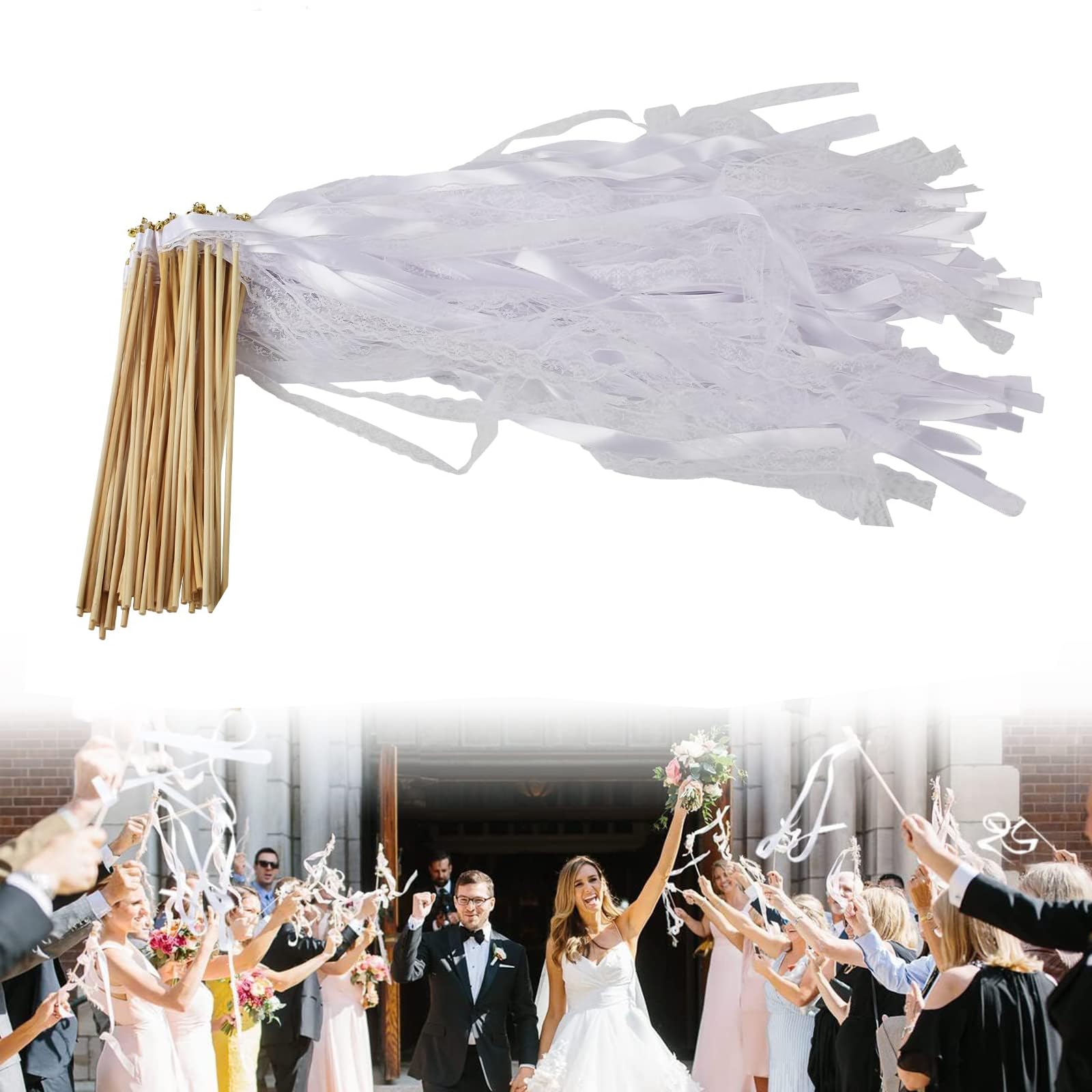 Shirene White/Golden Wedding Wands Ribbons,30 Pieces Ribbon Magic Wands Wedding Streamers With Bells Ribbons Wedding Streamers Lucky Wands Lace Silk Fairy Wand For Wedding,Christmas,Birthday,Party
