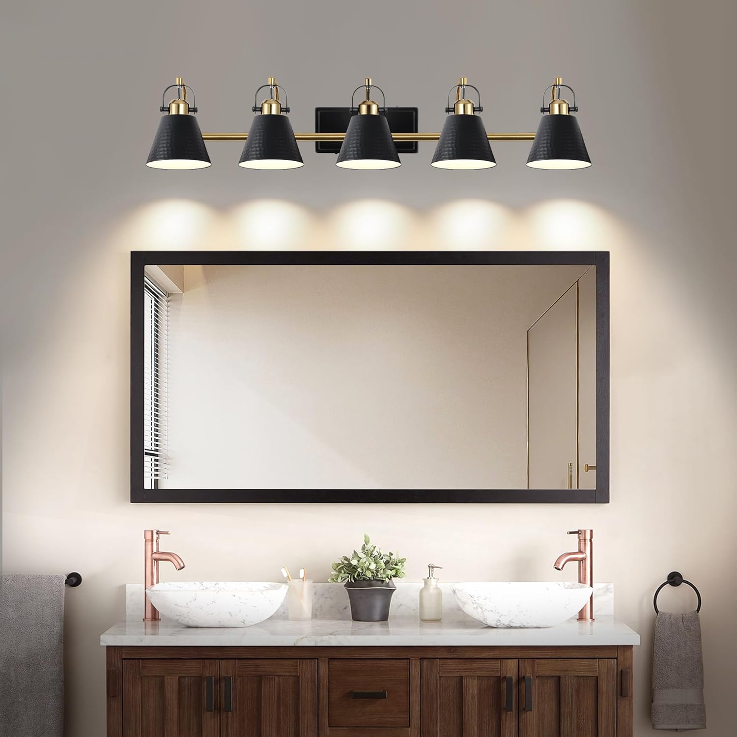 5-Lights Black and Gold Vanity Light, 40inch Modern Farmhouse Vanity Lights, Bathroom Light Fixtures Over Mirror with Hammered Metal Shade, Brushed Gold Wall Lamp for Bath Mirror Living Room Cabinet