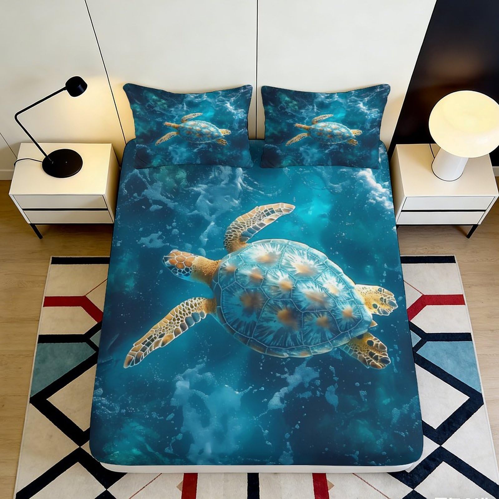 3D Printed Sea Turtle Ocean Blue Fitted Sheet Microfiber Anti-Slip Bed Sheet for Bedroom Guest Room Decor 90x200x25cm