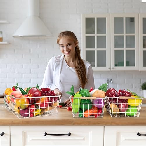 Miniatura 5 de Cesta de alambre de 2 unidades, cestas de almacenamiento de alambre organizadoras con asas de madera, cesta de alambre para organización y