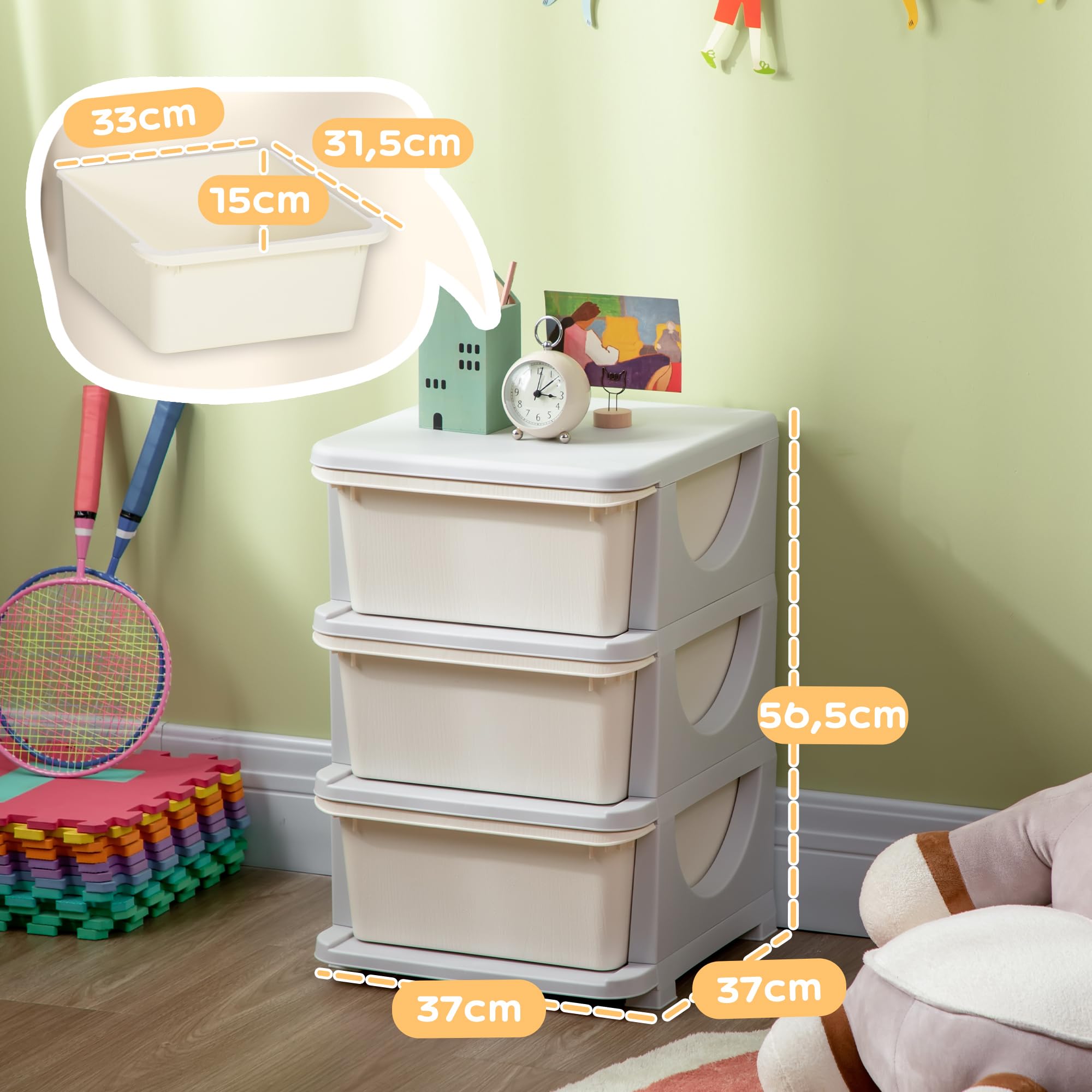 HOMCOM Tour de Rangement en Plastique pour Enfants avec 3 tiroirs, boîtes de Rangement, tiroirs Rangement Jouet pour Chambre d'enfant, crèche, Salon, pour garçons et Filles 3-6 Ans, crème