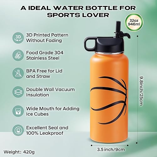 Miniatura 2 de Botellas de agua de baloncesto para niños de 32 onzas y 100 calcomanías de acero inoxidable aisladas, botella de agua deportiva, accesorios de