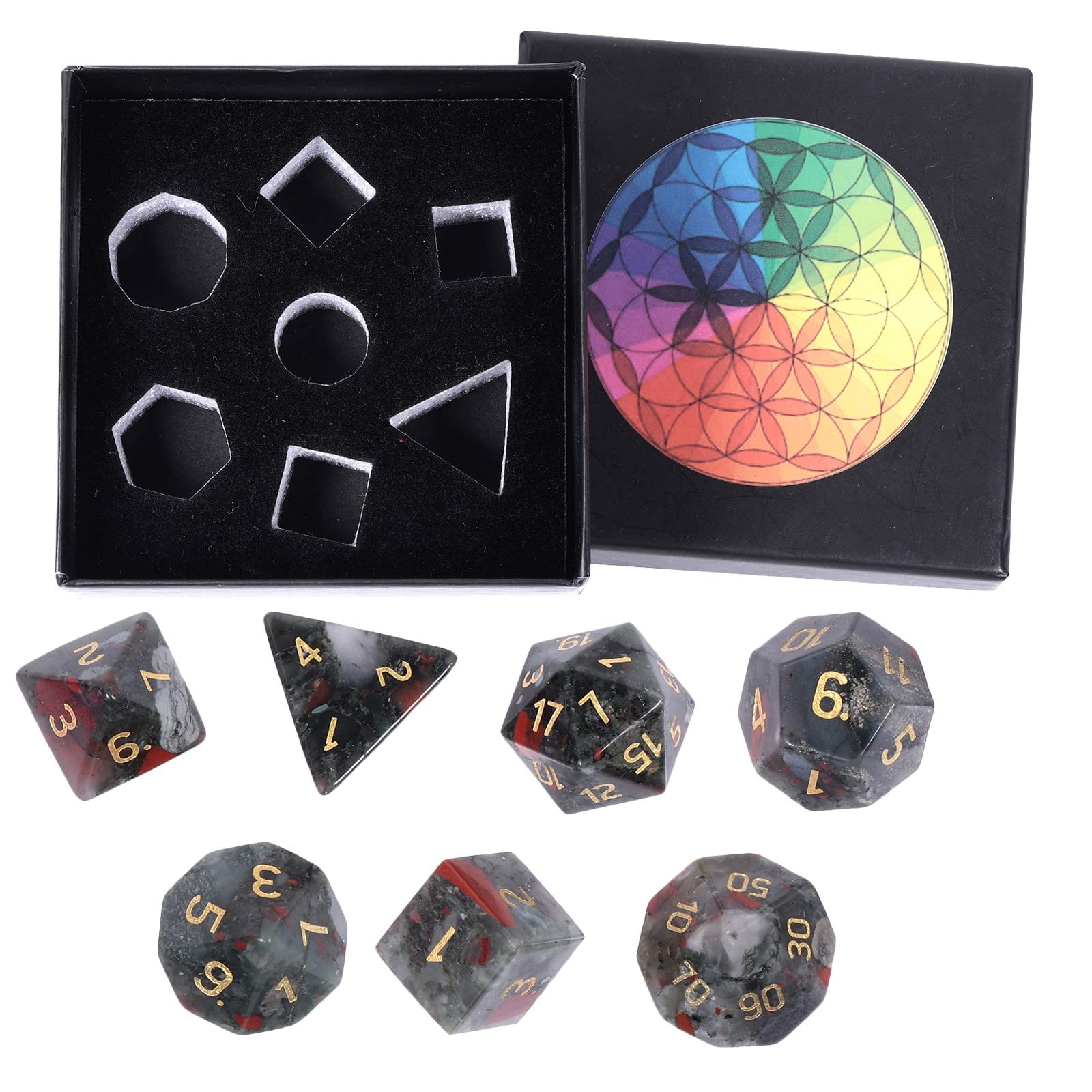 mookaitedecor Lot de 7 dés polyédriques DND en cristal rubis en fuchsite - Pierres polies polies pour jeux de table RPG, MTG, décoration de la maison