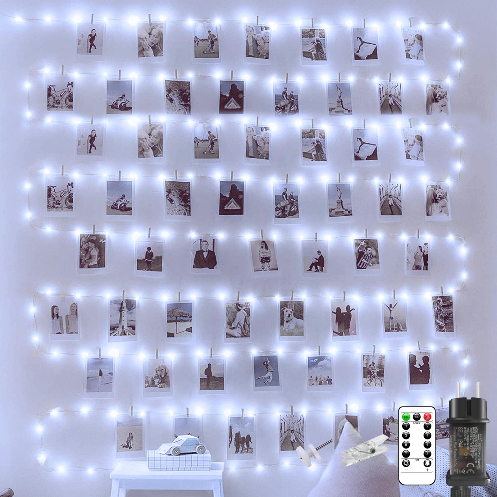 litogo Fotoclips Lichterkette für Zimmer Deko, 15M 150 LED Fotowand Lichterkette mit Steckdose und Fernbedienung, 8 Lichtmodi 60 Klammern Lichterkette Innen Außen Deko für Mädchen Geschenk Weihnachten