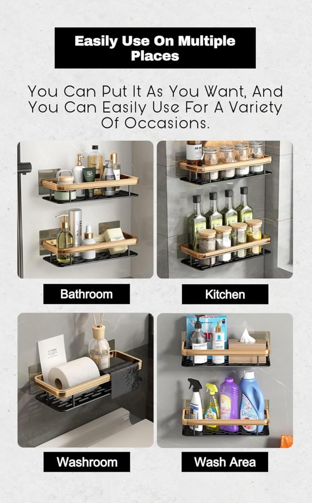2 Pc- Luxury Aluminum Shower Caddy Shelf - Stylish Gold Finish, Wall-Mounted Design with Large Capacity Storage for Toiletries, Shampoo, and Bathroom Accessories 4