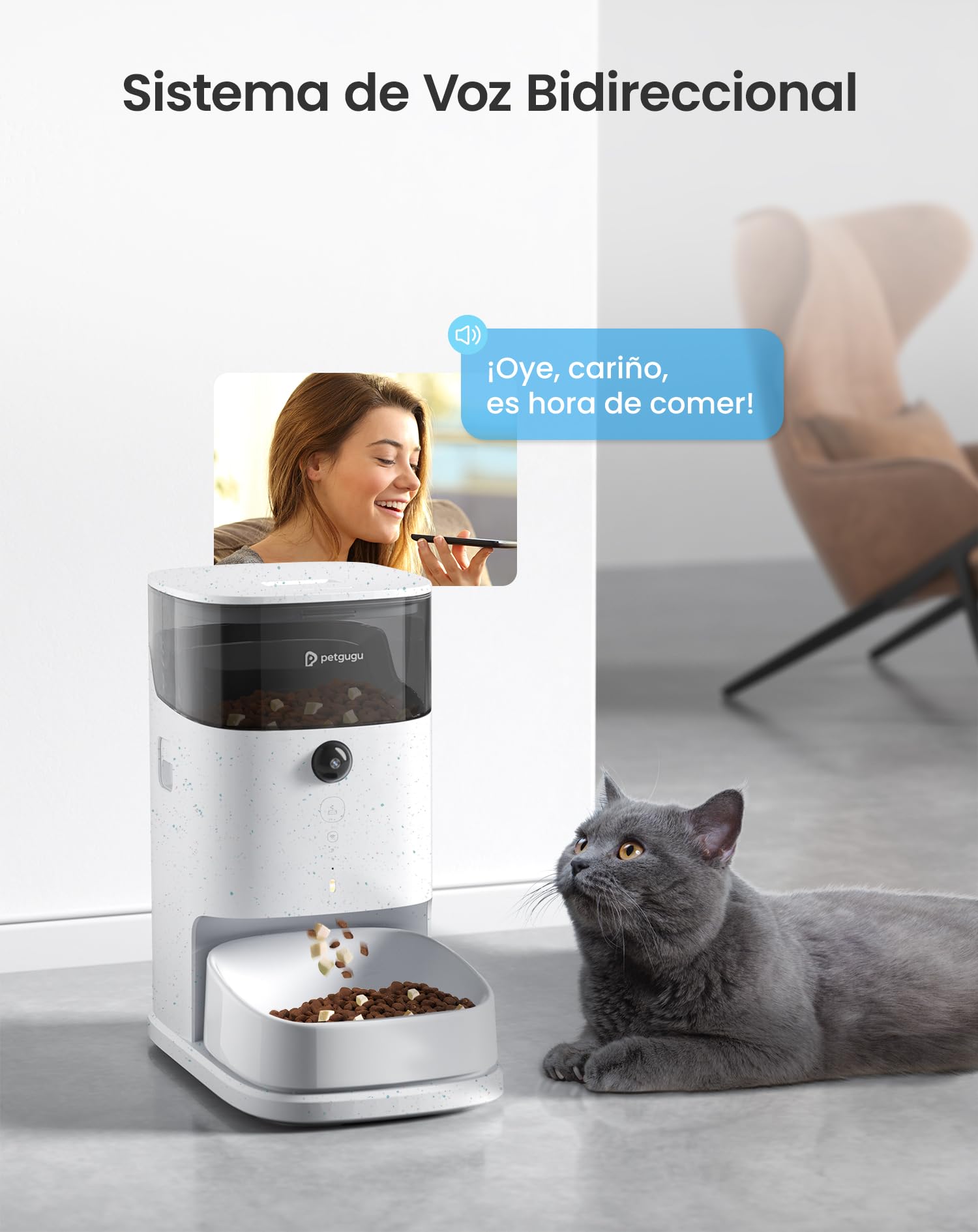 PETGUGU Comedero Gato Automático con App, Dispensador Comida Gatos Inteligente con Cámara y Voz, Temporizador y Cuencos Cerámicos
