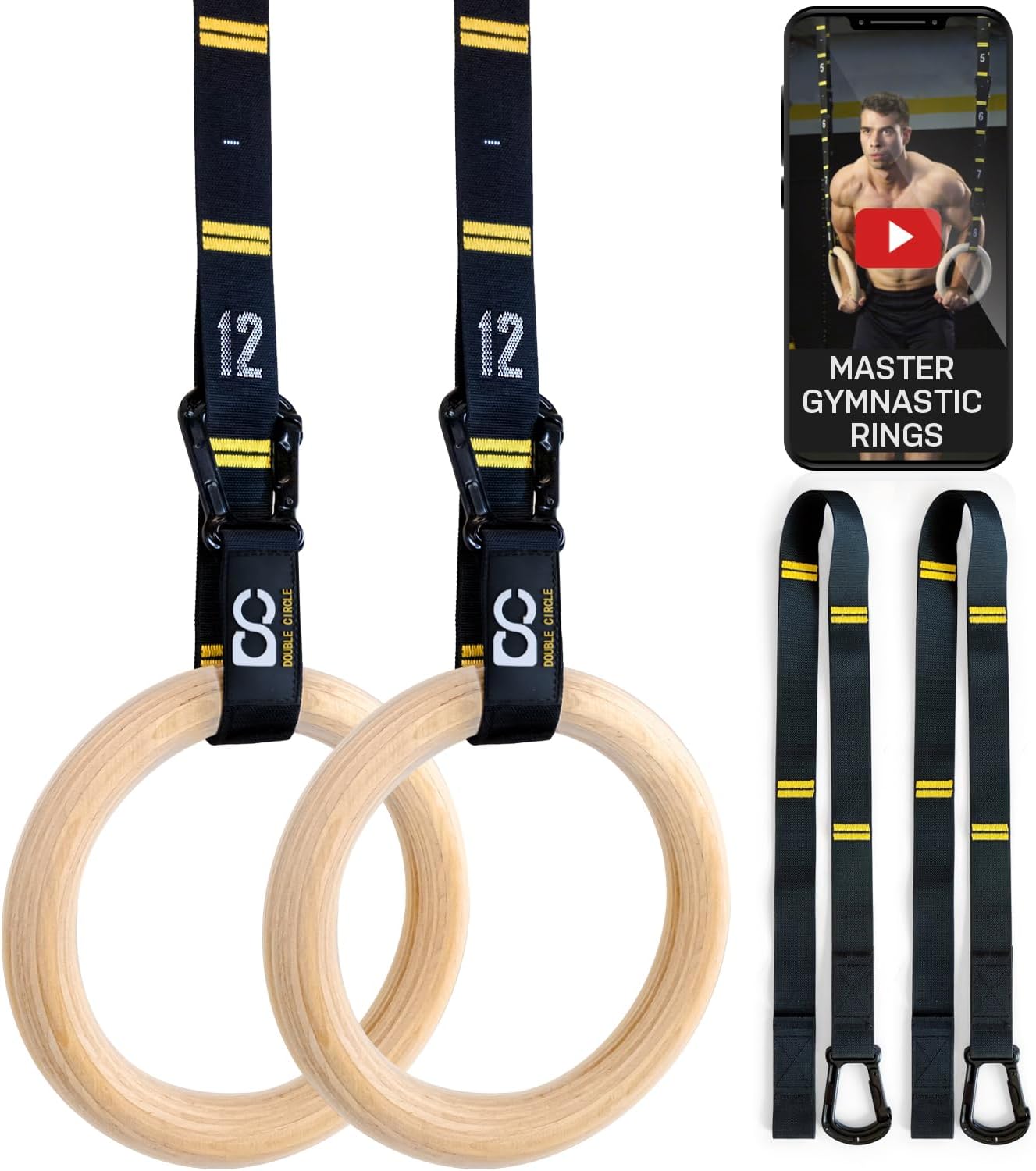 Wood Gymnastic Rings with Quick Adjust Numbered Straps and Exercise Videos Guide - Full Body Workout - Calisthenics - Home Gym (Rings & Straps - Extra Long)