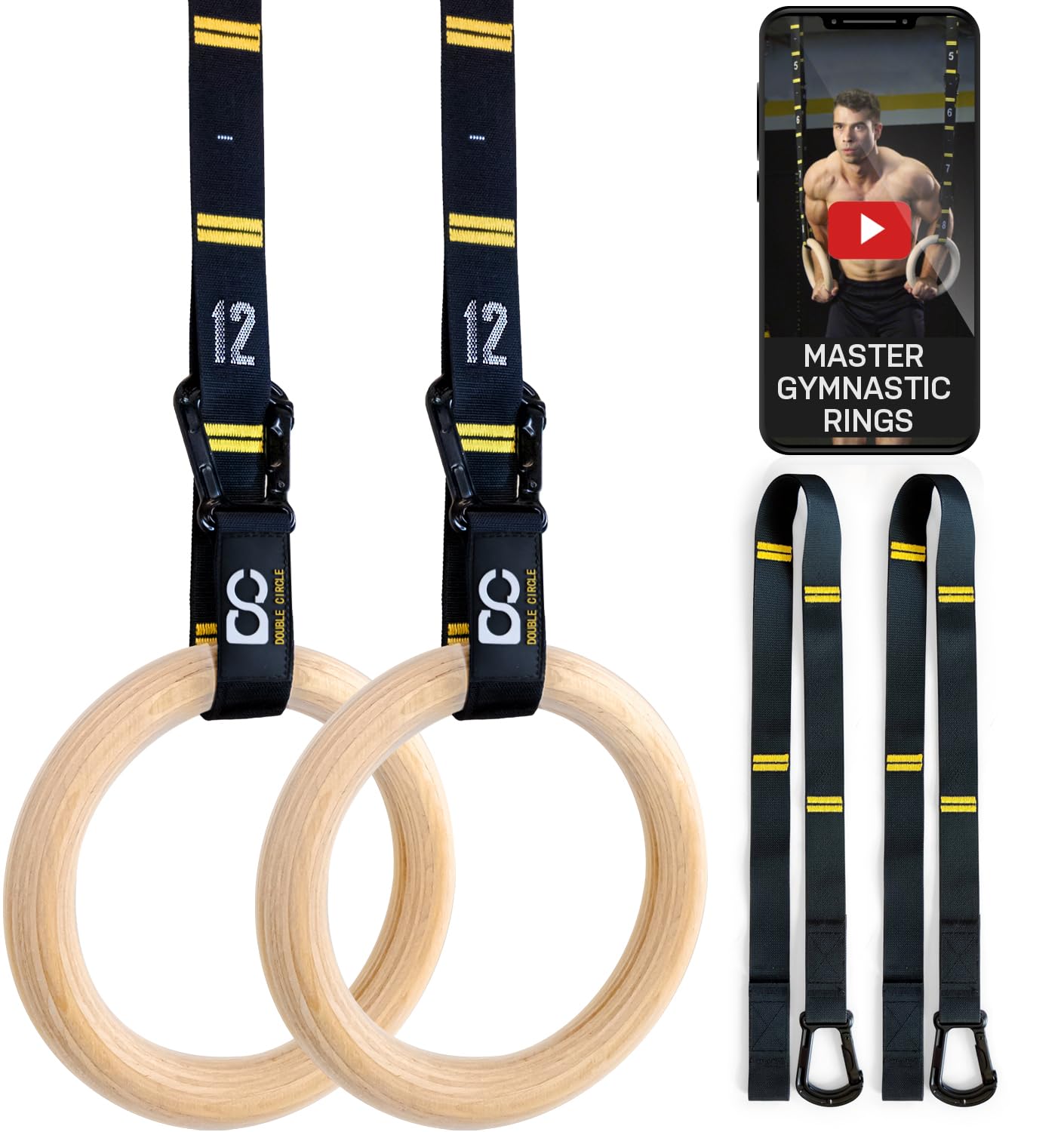 Double Circle Wood Gymnastics Rings with Quick Adjust Numbered Straps and Exercise Videos Guide - Full Body Workout Rings, Calisthenics, Home Gym (Multi-Size)