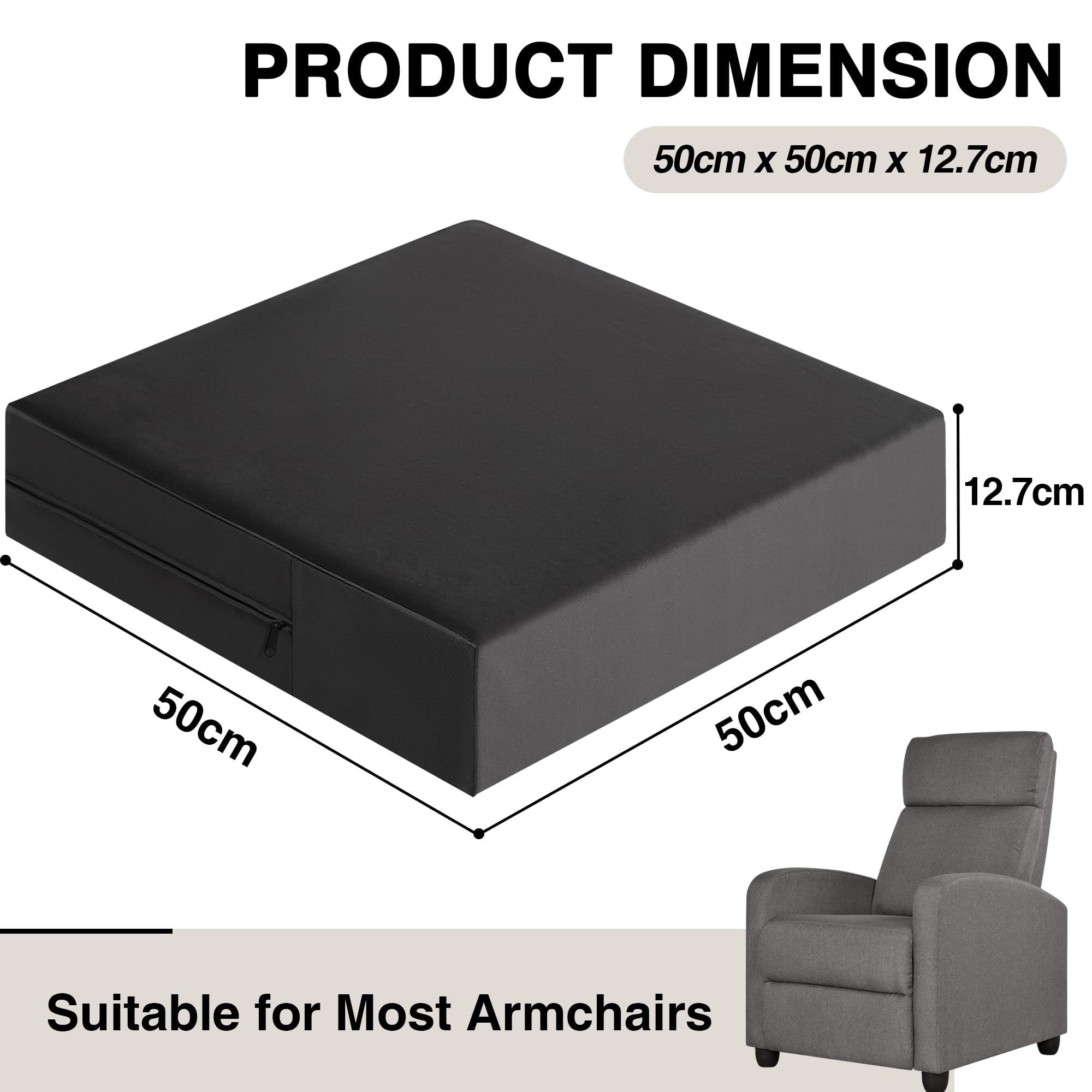 Coussin de Soutien pour Fauteuils, Canapés, Fauteuils Inclinables en Mousse à Mémoire de Forme - Coussin de Siège pour Personnes Âgées et Adultes 50 cm x 50 cm x 12,7 cm Gris Foncé