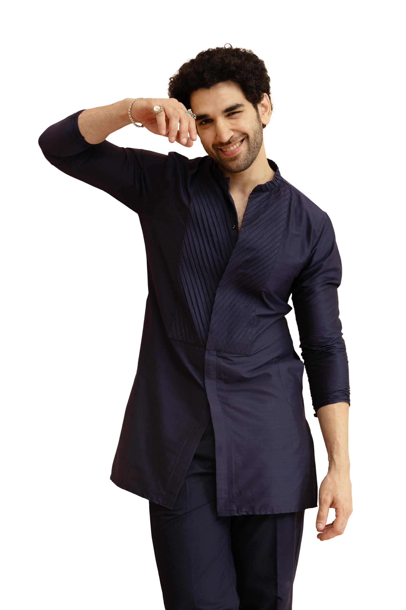 kisah Men's Cotton Blend Modern Front Open Mid Kurta (KA-1108_Navy Blue-picture-36