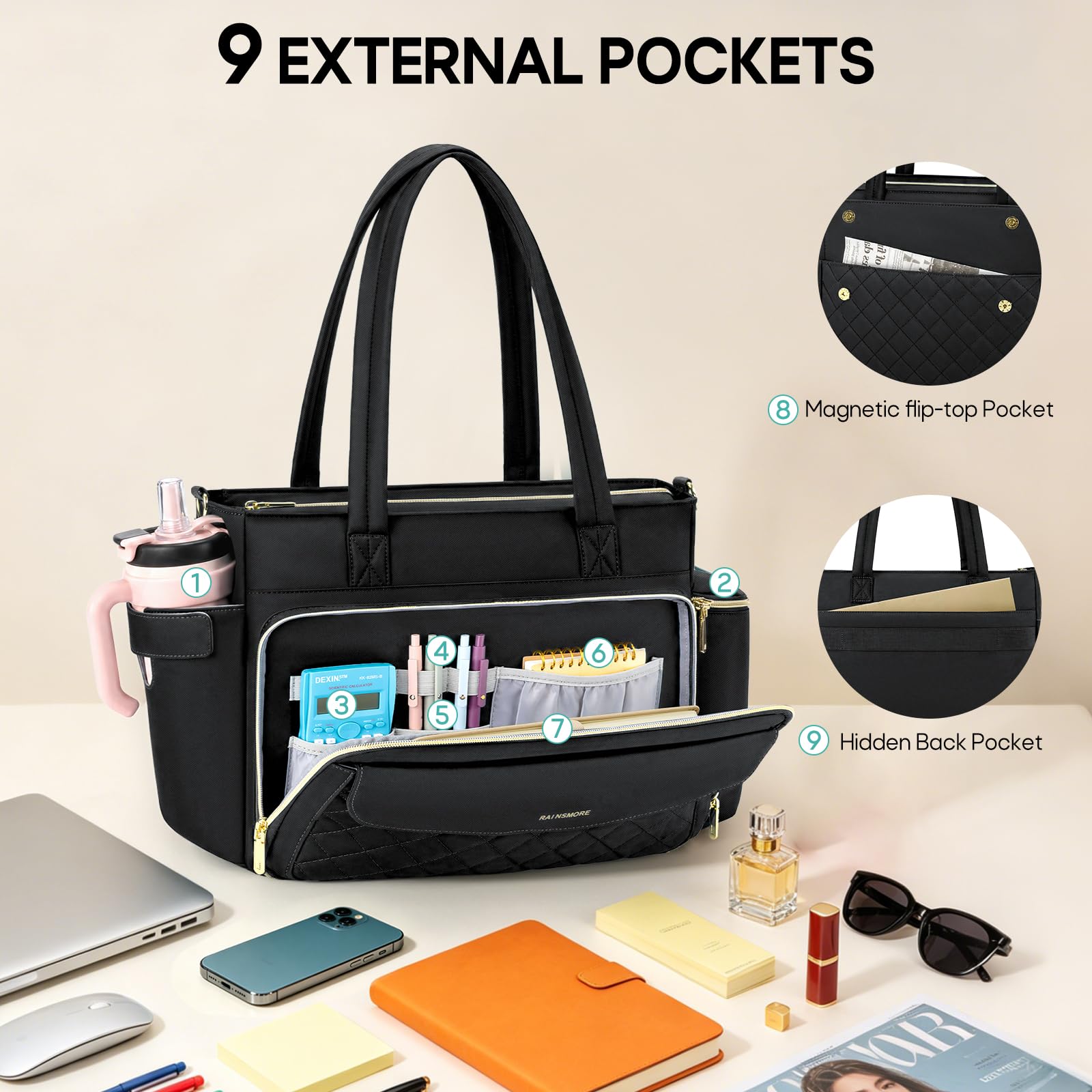 RAINSMORE Lehrertasche Damen Groß Laptoptasche, 15,6 Zoll, Schwarz | Arbeitstasche Isolierfach und Groß Getränkehalter, 3 Fächer, Abnehmbarer Schultergurt, Für Büro Uni Reisen