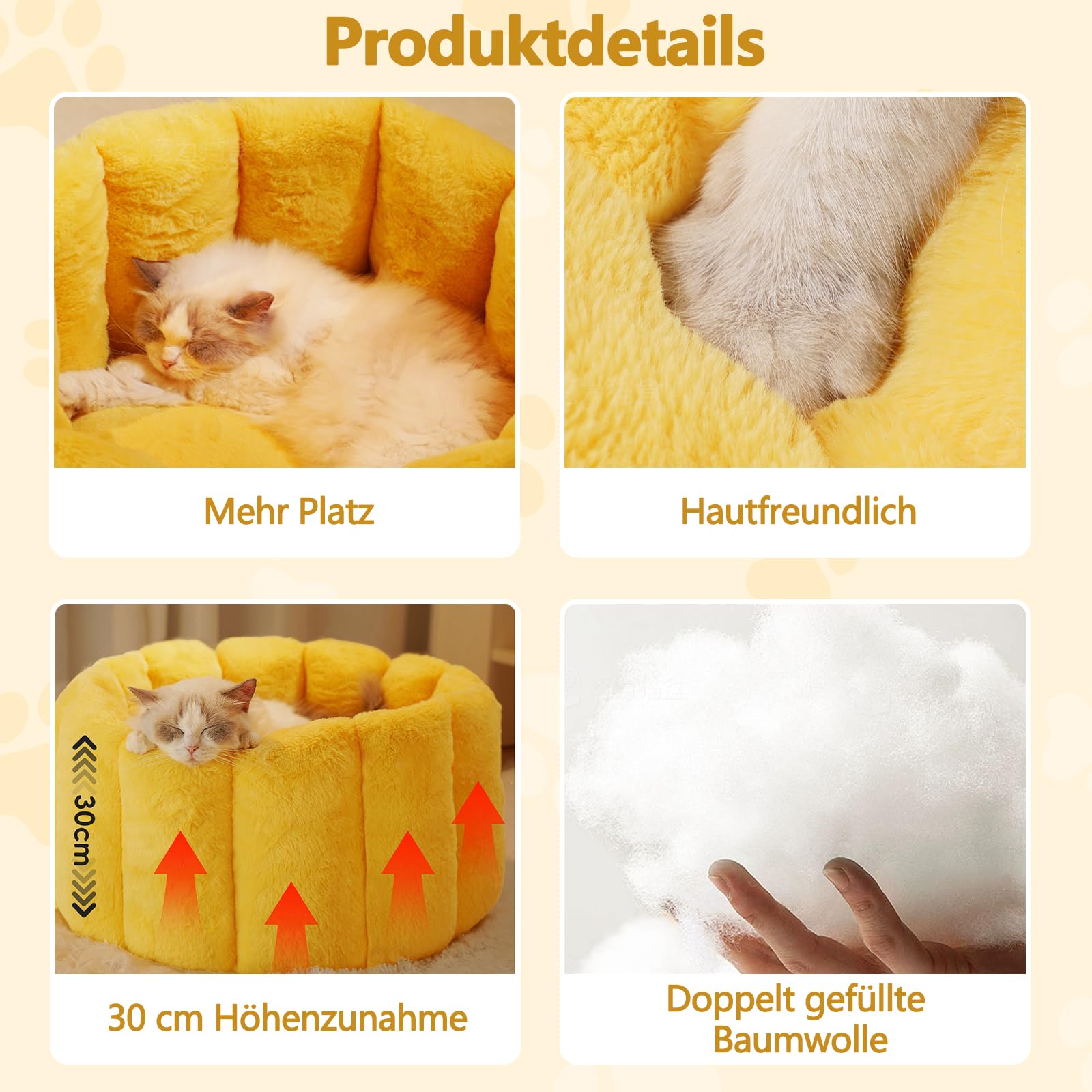 Galatée Katzenbett, Runde Haustierbetten Für Hauskatzen, Waschbares Flauschiges Katzennest, Superweiches Plüsch-Haustierbett, Weiches Süßes Hundebett(XL, Beige)