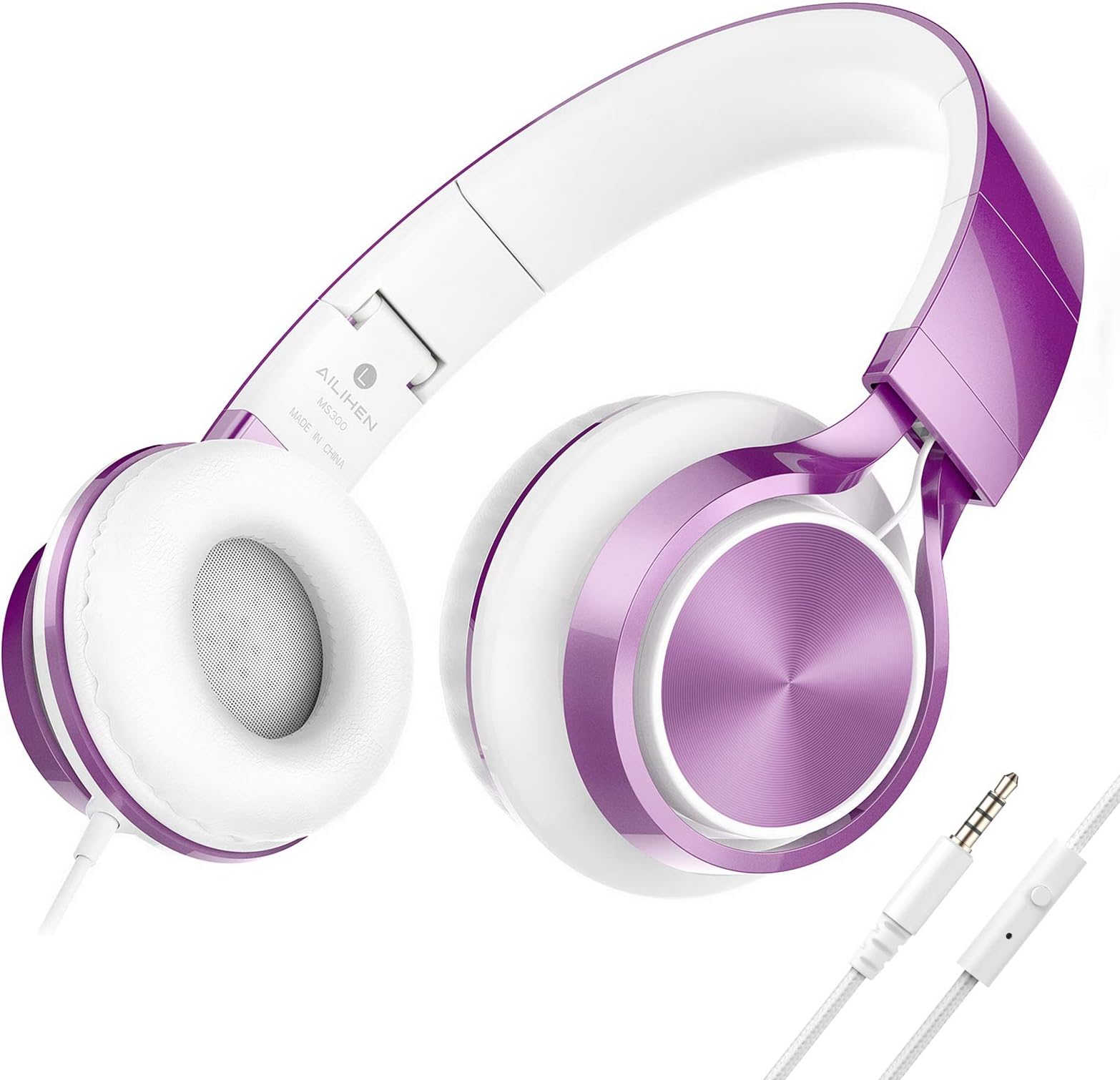 MS300 Wired Headphones with Microphone for Chromebook Laptop Computer Smartphone, 3.5mm Jack Foldable Lightweight Headset for School Girls Boys Teenager Online Classroom (Purple)