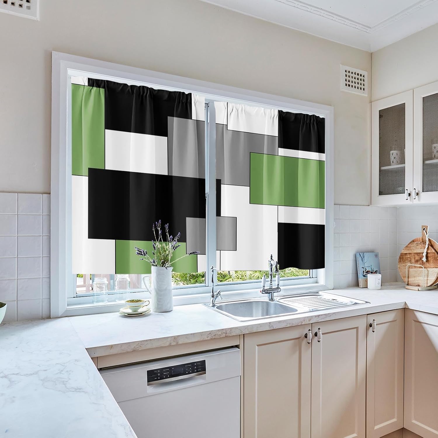 Kitchen Curtains 36 Inch Length, 2 Pack, Sage Geometric Abstract image 5