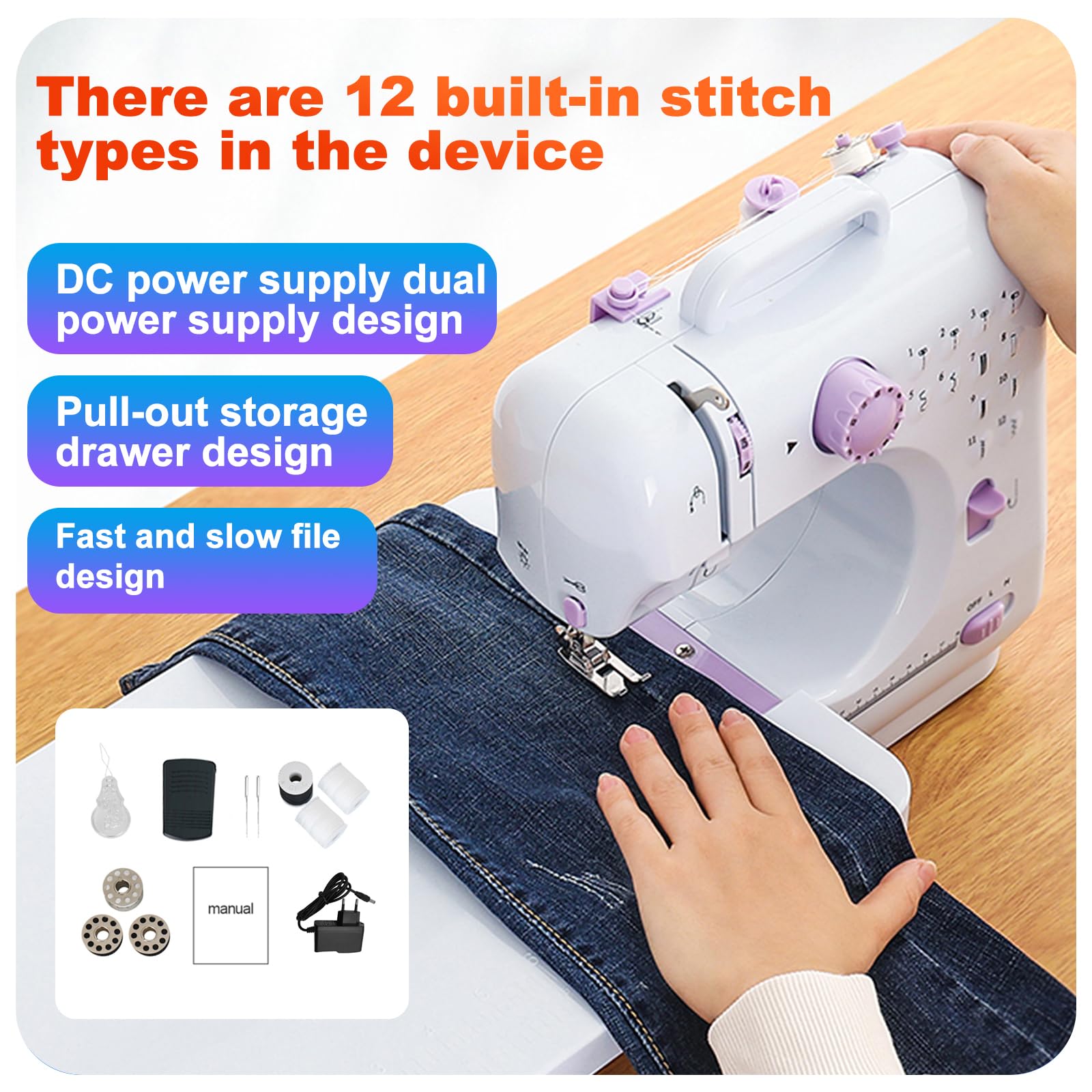 505A Elektrische Nähmaschine Mit 12 Stichmustern, Fußpedal, Nähzubehör-Set, Mini Haushalt Doppelfaden-Nähmaschine, Sewing Machine für Anfänger, für Stoffe DIY zu Hause und Outdoor