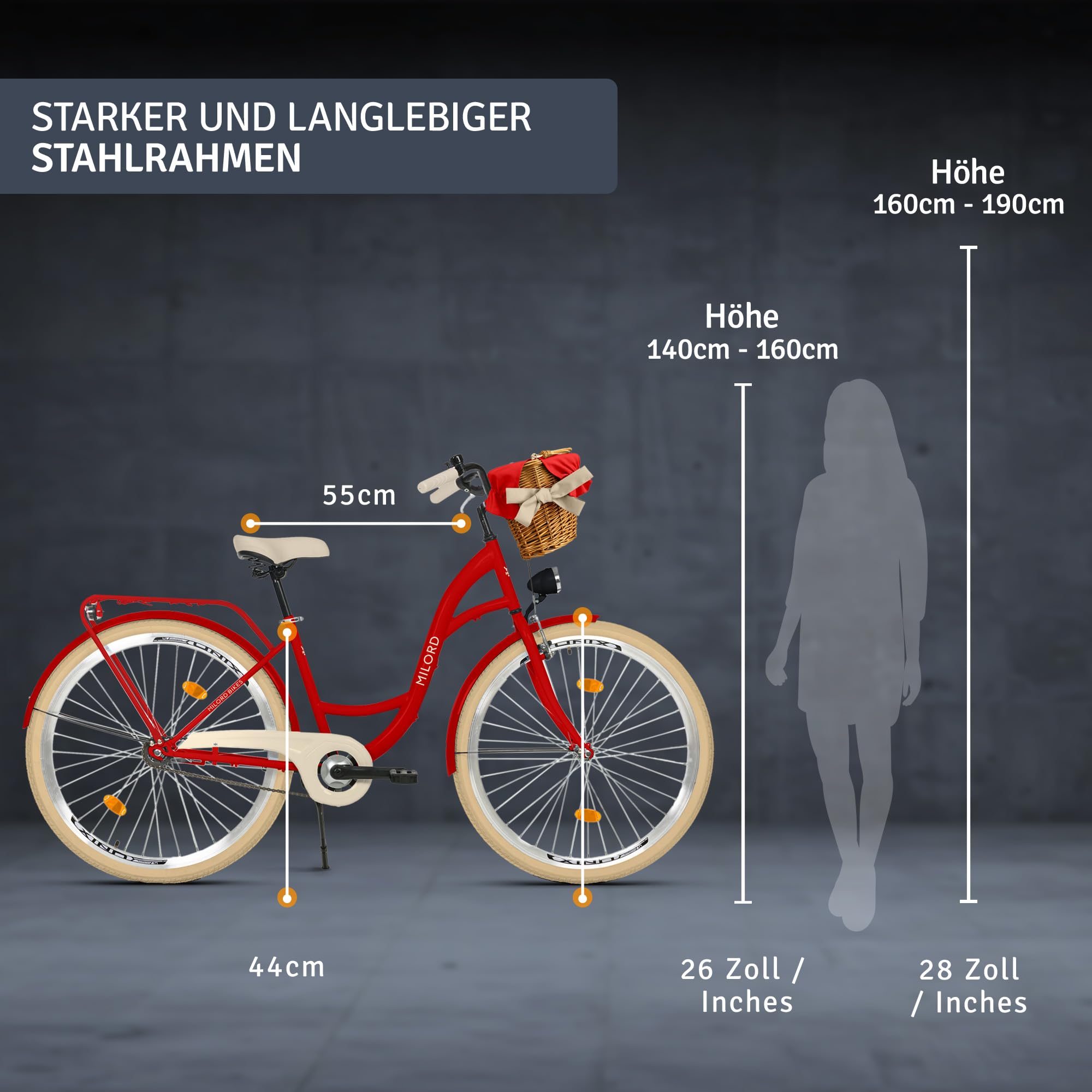 Bici da donna con cestino in vimini vintage, 28 pollici, rosso, 1 marcia