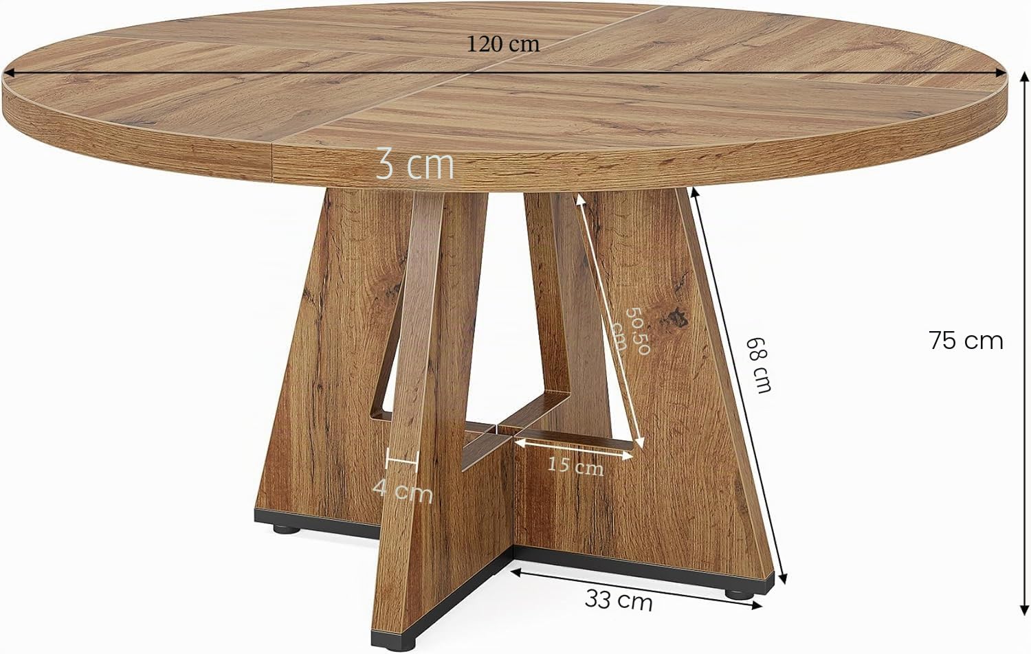 Lailang 120cm Mesa de Comedor, Mesa Redonda, Mesa de Cocina, Mesas Rusticas Comedor, Mesa para 4 Personas, 120 x 120 x 75 cm, Burlywood