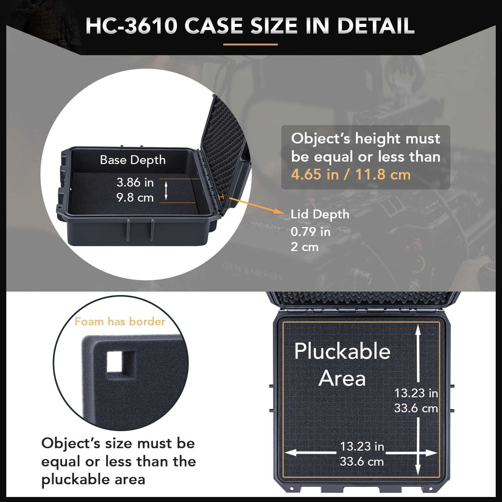 Lykus HC-3610 Custodia/Valigia/Case rigida impermeabile con schiuma personalizzabile, Dimensioni interne 35,5x35,5x14 cm, Adatto per elettronica e altro