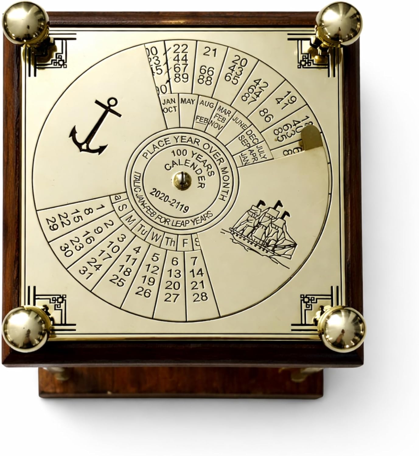 Vintage Wooden Sandtimer with Brass Frame & 100 Year Calendar Dial – Nautical Hourglass Timer for Desk Decor, Office, Study Room, Antique Gift, Classic Maritime Decoration