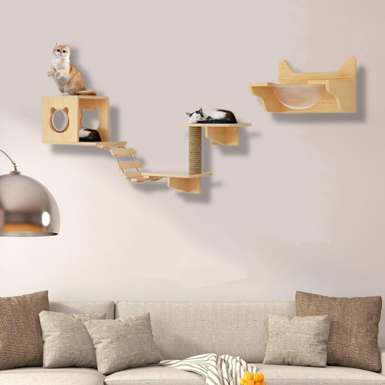 Mensole da Parete per Gatti, Percorso Gatti da Parete con Gradini, Trespoli, Tiragraffi, Ponte, per Dormire, Giocare, Arrampicarsi, Salvaspazio(4pcs)
