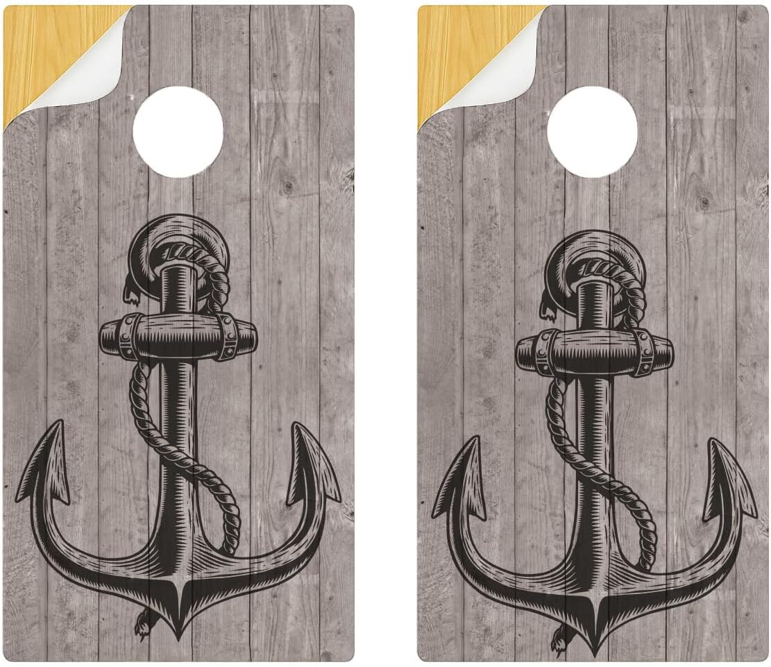 Nautical Anchors Cornhole Board Wraps – Laminated, Waterproof & Fadeproof Vinyl Wraps for 24x48 Boards – Ocean Beach Theme Cornhole Decals – Made in USA