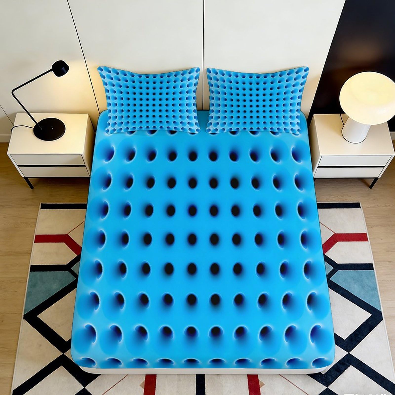 3D Printed Blue Geometric Fitted Sheet Microfiber Soft Anti-Slip Polka Dot Mattress Cover for Bedroom Dorm Bed Decor 90x200x25cm