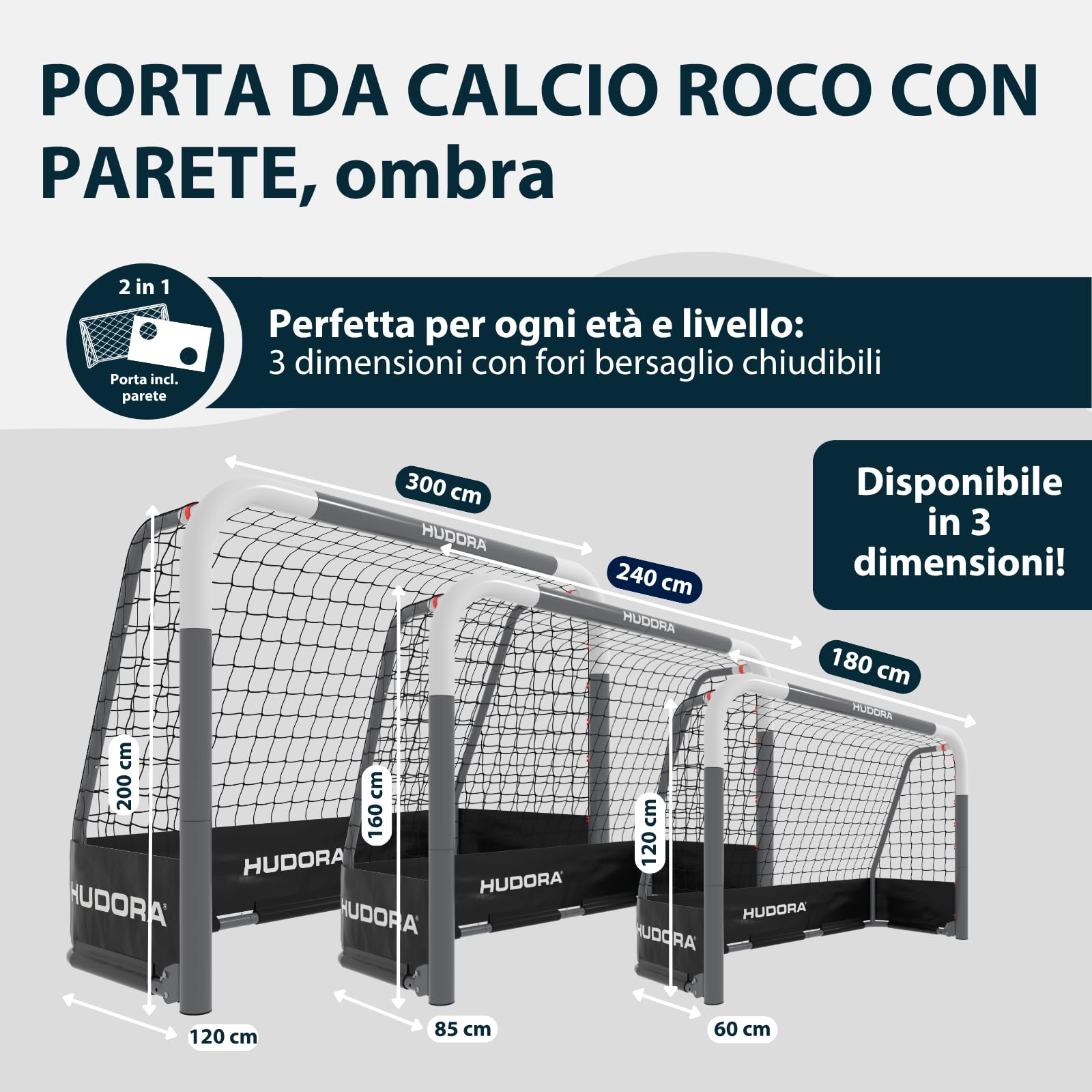 HUDORA Porta da calcio RoCo con cancello (2 in 1) – Sistema Targetshot flessibile – resistente alle intemperie, pieghevole e stabile – per bambini e adulti – con contatore di punti e aperture