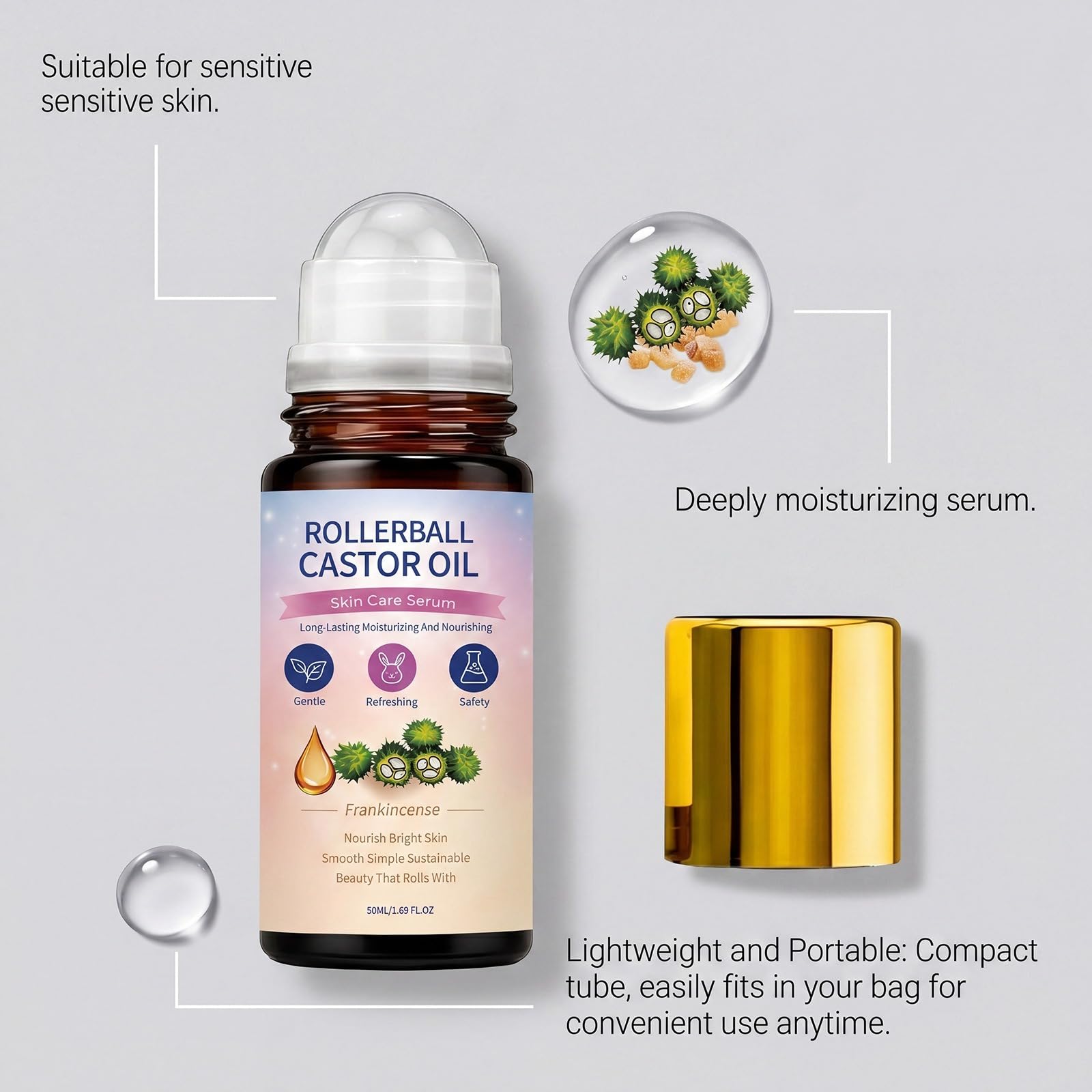 Organic Castor Oil Rose Quartz Roller Ball, Deep Hydration Skin Moisturizer, Castor Oil Roll On do twarzy, ciała, włosów, ujędrnienia i gładkiej skóry - Do wszystkich rodzajów skóry