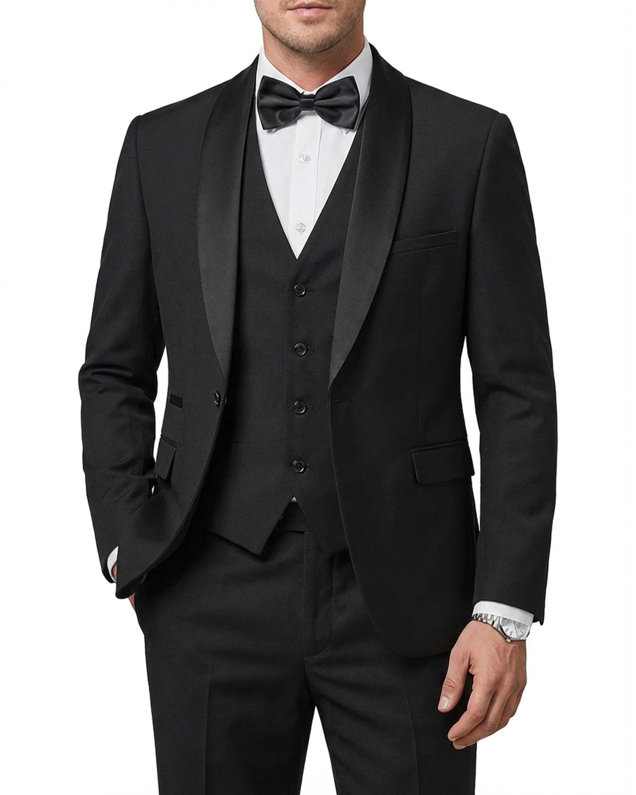 Hihawk Mens 3 Piece Tuxedo Set with Bow Tie One Button Shawl Lapel Jacket Vest Pants Slim Fit