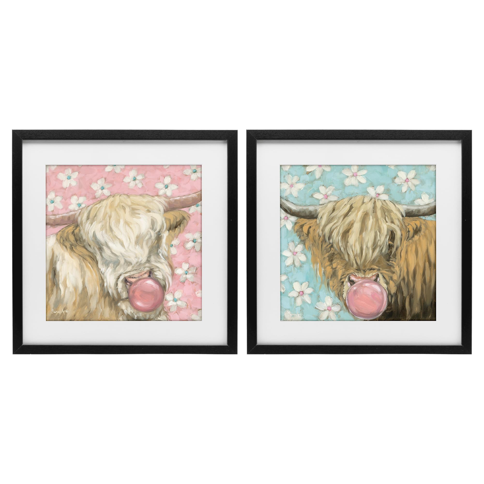 Stupell Industries Midnight Black (Textured) 'Cute Bubblegum Highland Cattles', 2Pc Framed Print Under Glass Set, Black, 16 X 16, Ready To Hang Picture Décor, Usa Made, By Artist Sara G. Designs