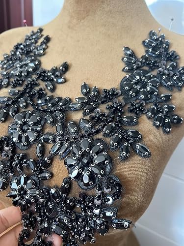 Vista 43 de 1 par de decoraciones de vestido de novia de 5.1 x 13.4 in, parches de encaje para coser con cuentas de diamantes de imitación sueltas, piedras