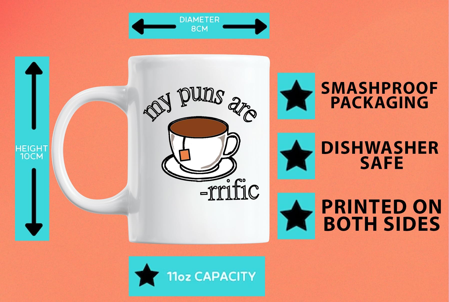 Tazza Divertente 325 Ml – My Puns Are Tea-Rrific – Regalo Umoristico Per Amanti Del Tè E Del Caffè