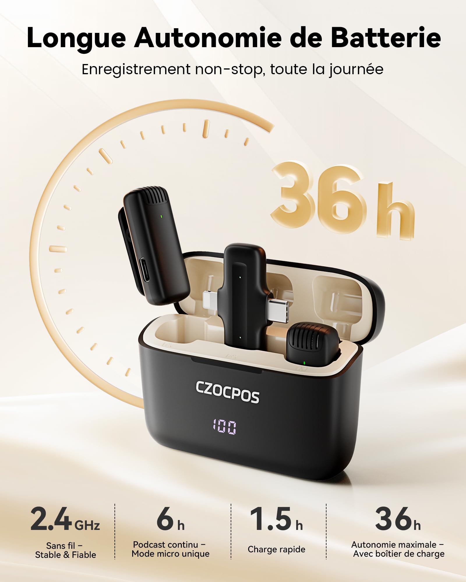 Micro Cravate Sans Fil avec Boîtier de Charge pour lPhone, lPad et Android , Mini Microphone Sans Fil avec Réduction de Bruit, 36H d’Autonomie, Idéal pour Vidéo, YouTube, Vlog et Live Streaming