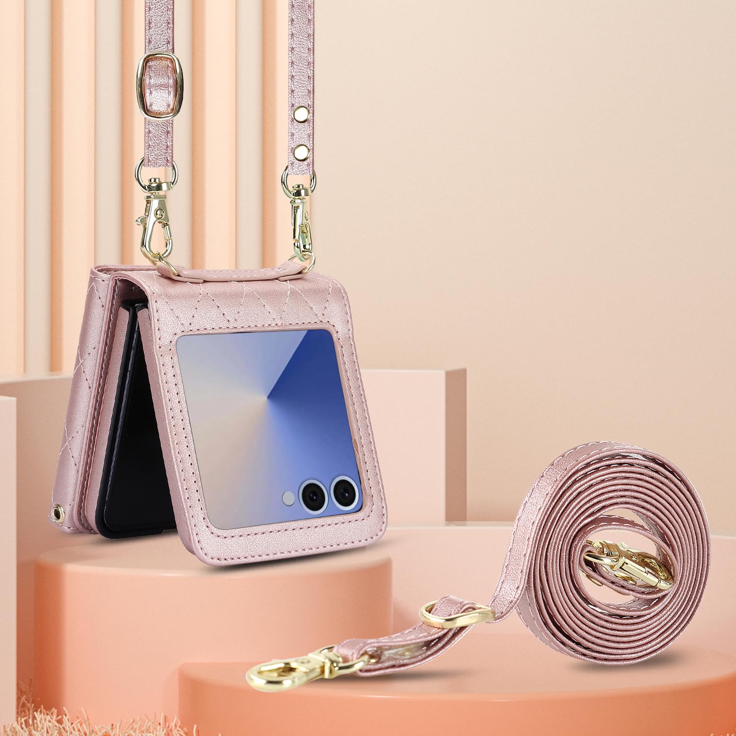 Etui na telefon Samsung Galaxy Z Flip 7, akordeon, 4 przegródki na karty, blokada RFID i regulowany pasek – stylowe i wszechstronne akcesorium (różowe złoto)