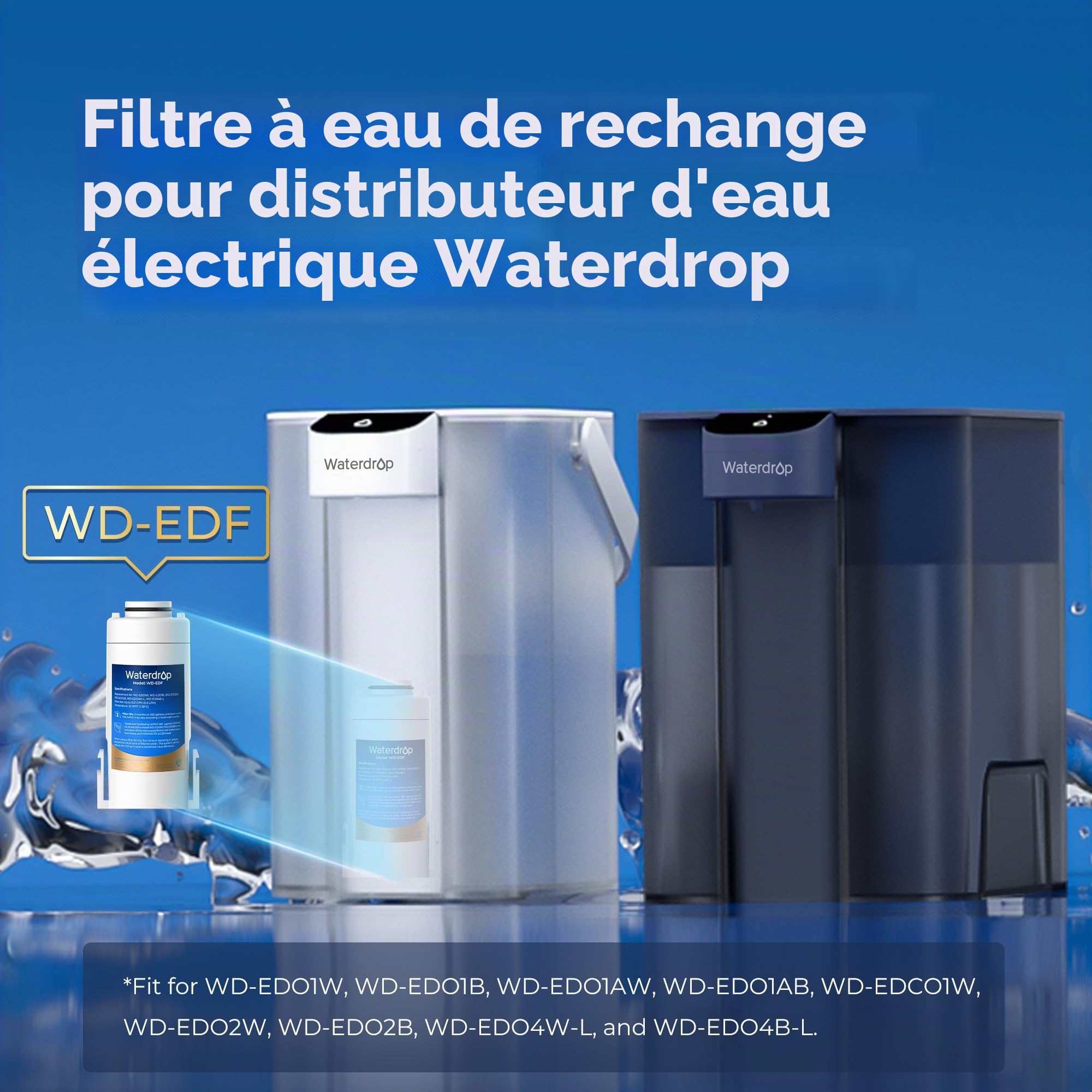 Waterdrop WD-EDF Lot de 3 filtres de rechange pour tous les carafes filtrantes instantanées Waterdrop WD-ED01W, WD-ED01B, durent jusqu'à 3 mois ou 757 litres